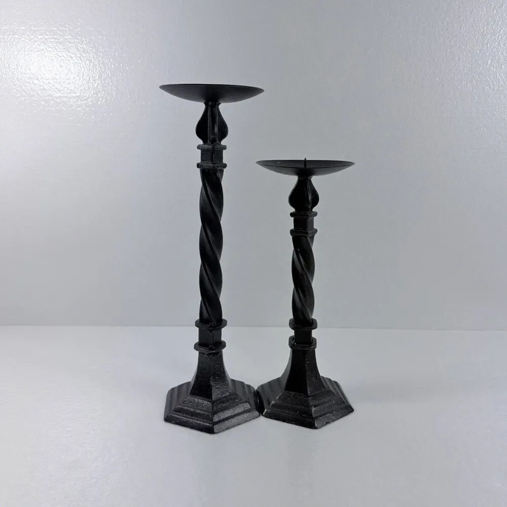Vintage 2 Black Twist Cast Iron  Candle Holders 14